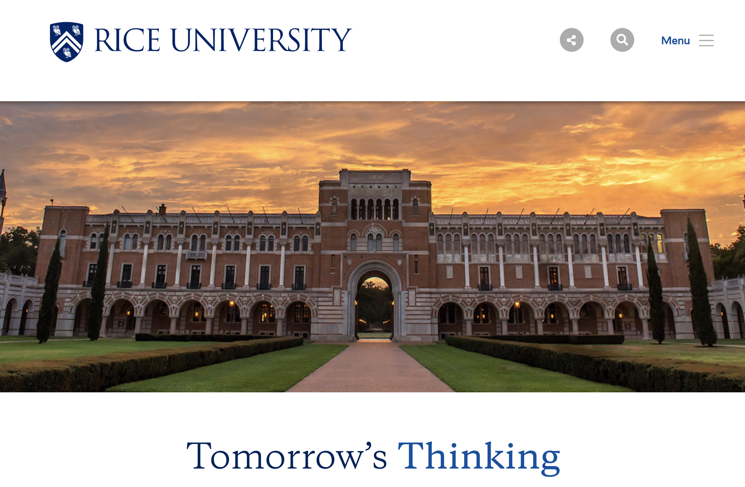 Rice university front building facade on the website hero banner