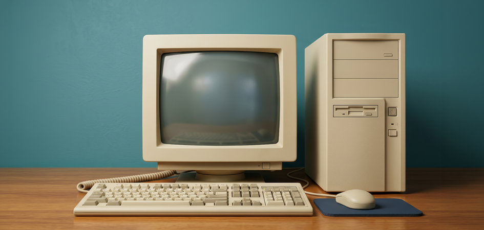 Vintage desktop computer with CRT monitor, keyboard, and mouse on a wooden desk against a teal background.