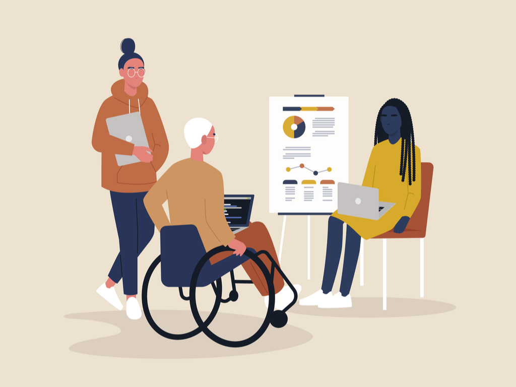 Image of differently abled people collaborating on project free from digital barriers.